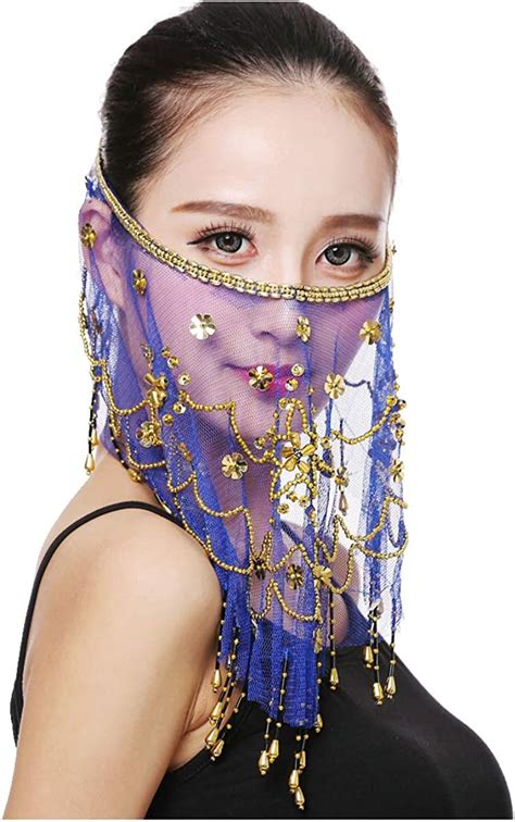 Belly Dance Half Face Veil Costume With Gold Beaded Clover For Womens