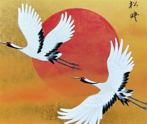 Vintage Hand Painted Japanese Shikishi Paintings Cranes Across The