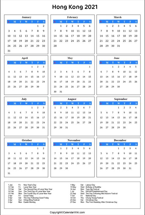 Printable Hongkong Calendar 2021 With Holidays Public Holidays