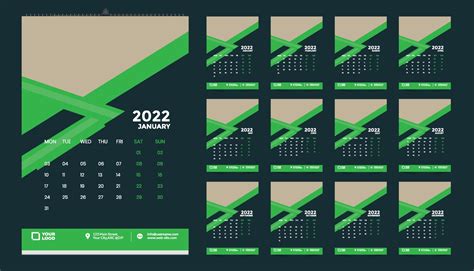 Monthly Wall Calendar Template Design For 2022 Year Week Starts On