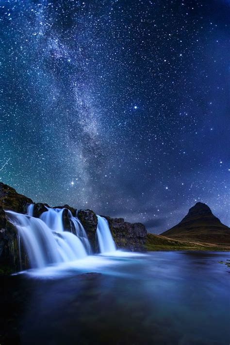 Milky Way Over Kirkjufellsfoss Waterfall And Kirkjufell Mountain Iceland