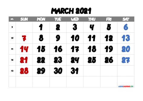 Free Printable March 2021 Calendar 6 Templates