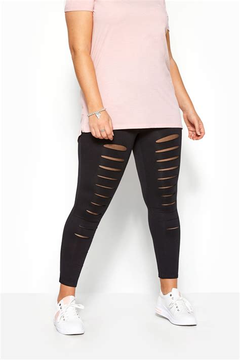 Black Ripped Mesh Insert Leggings Yours Clothing