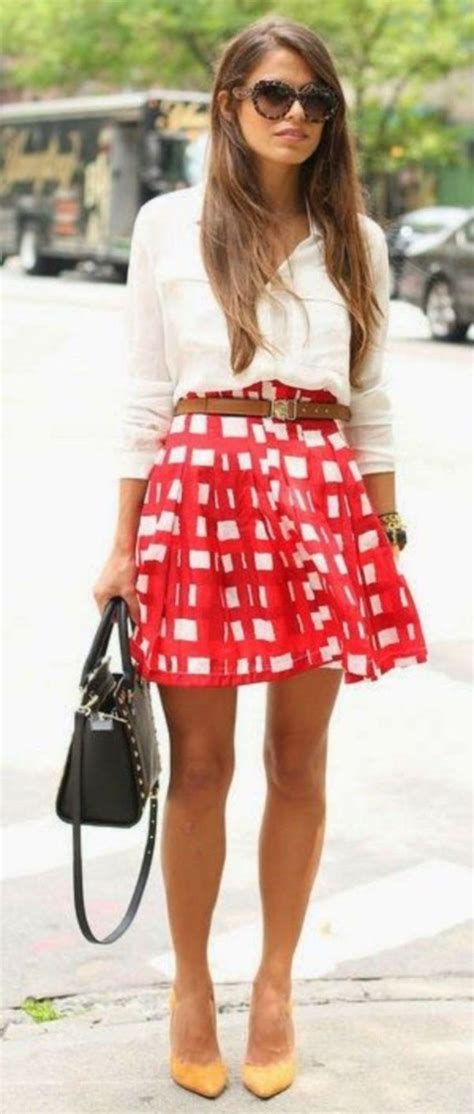 Fashion Trends Red Plaid Skirt White Shirt Heels Black Bag Chic