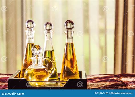 Glass Bottles With Massage Oils In A Luxury Spa Self Time Salon And Spa Concept Stock Image