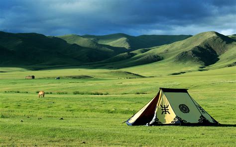 Nature Landscape Mongolia Tents Steppe Field Hill Wallpapers Hd