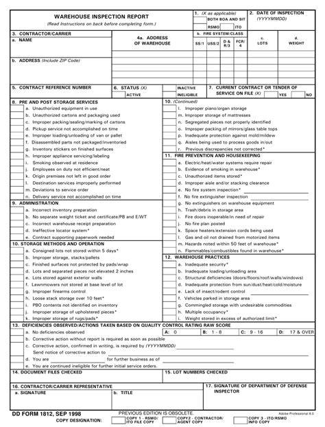Create an effective inspection checklist to ensure that all areas have been properly inspected with our examples of inspection checklist. DD Form 1812 Download Fillable PDF or Fill Online ...