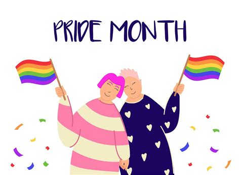 vector pride month poster with two smiling women holding lgbt flags pride month poster with two