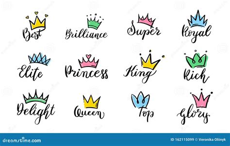 Crown Hand Drawn Lettering Queen Crown Icons Calligraphy Tiara And