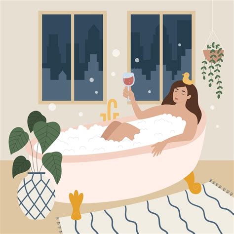 Premium Vector Woman Takes A Relaxing Bath At Home And Drinks Wine