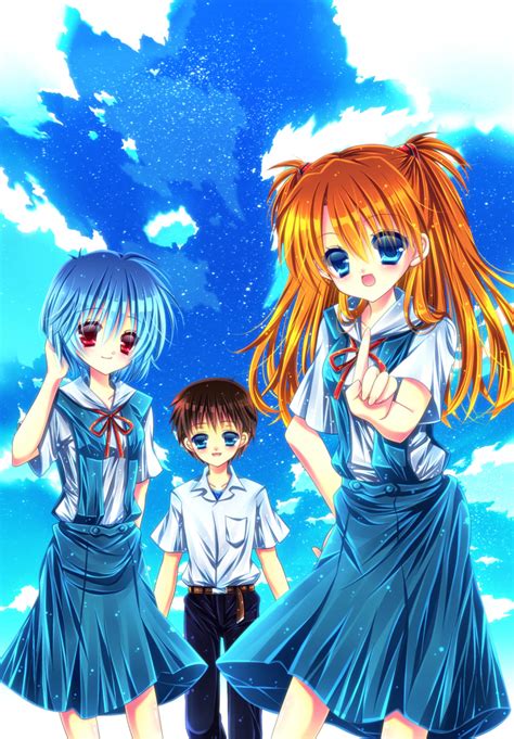 Safebooru 2girls Ayanami Rei Black Hair Blue Eyes Blue Hair Hair Ornament Highres Ikari Shinji