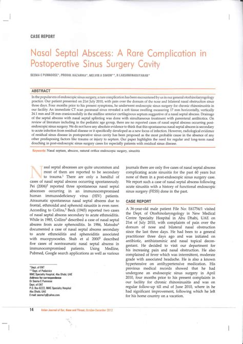 Pdf Nasal Septal Abscess A Rare Complication In Post Operative Sinus
