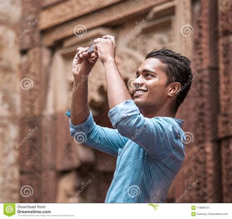 Indian Young Man Take A Mobil Photo Of Local Architect Sight Stock