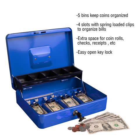 Cash Box Locking Steel Petty Cash Safe With Coin Tray And Money Clips