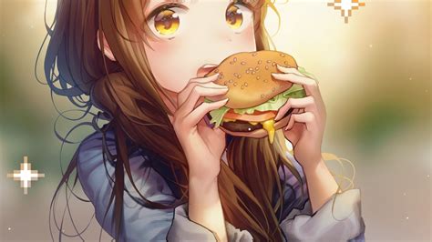 Download 3840x2160 Anime Girl Hamburger Eating Moe Brown Hair Fast Food Cute Wallpapers