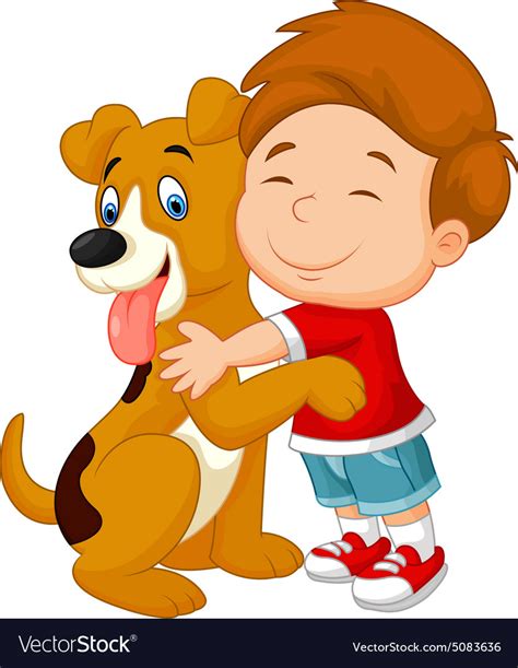 Happy Young Boy Lovingly Hugging His Pet Dog Vector Image