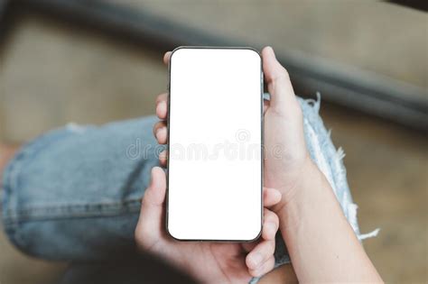 Man Using Phone With Empty Screen Marketing Time Banner Template Stock Image Image Of