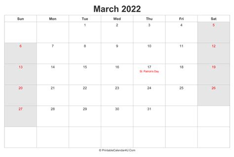 March 2022 Calendar With Us Holidays Highlighted Landscape Layout