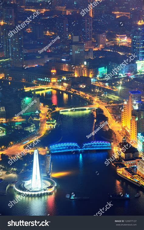 Shanghai Aerial View With Urban Architecture At Dusk Stock Photo