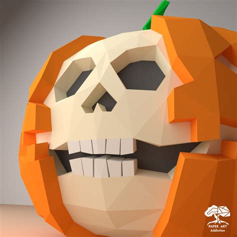 Skull Pumpkin 3d Papercraft Pdf Template Diy Low Poly Halloween Decor