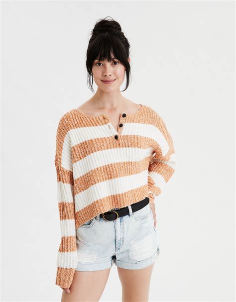 Ae Henley Boxy Cropped Sweater Henley Sweater Stripes Fashion Crew