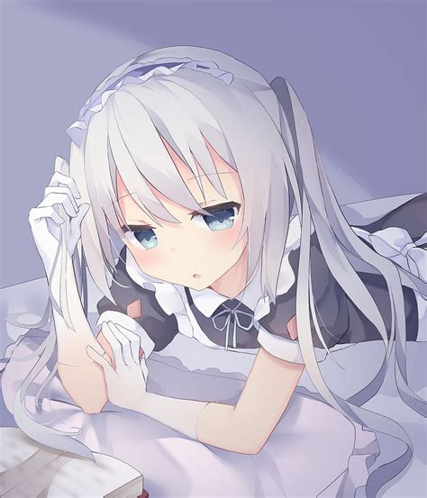 Anime Girl Lying Down Loli White Hair Gloves Maid Outfit Anime