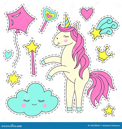 Set Of Magic Elements And Unicorn Stickers Stock Illustration