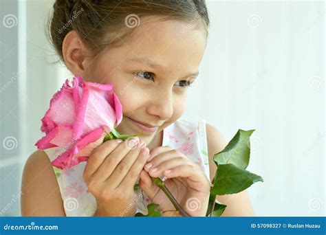 Little Girl With Rose Flower Stock Image Image Of Expression Holding
