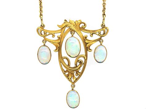 Art Nouveau Ct Gold And Opal Pendant On Ct Gold Art Nouveau Chain