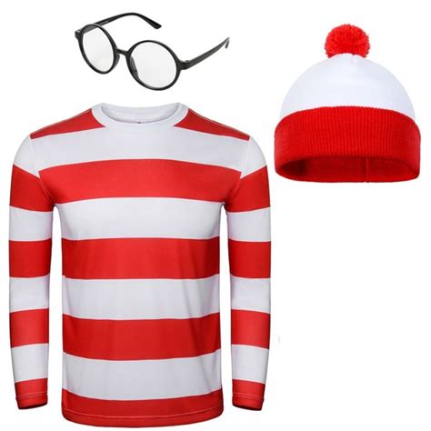 Wheres Wally Costume Red Stripe Shirt Hat Glasses Full Sets Christmas Party Adult Cosplay