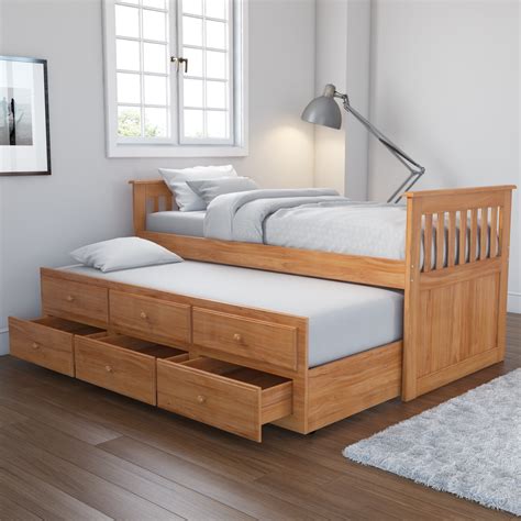 Danxee kids captain's bed twin daybed with trundle bed and 3 storage drawers no box spring needed for kids guests (espresso) Pine Guest Bed Wood Pull Out Trundle 3 Drawer Storage ...