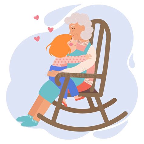 Grandmother With Her Granddaughter Sits On A Wooden Retro Rocking Chair