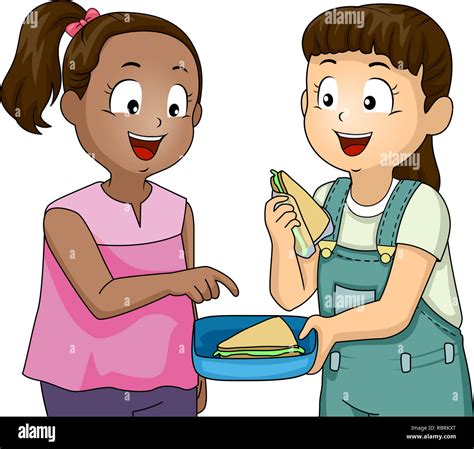 Ilustración De Un Niño Niña Sandwich Compartir Con Un Amigo Rasgos De