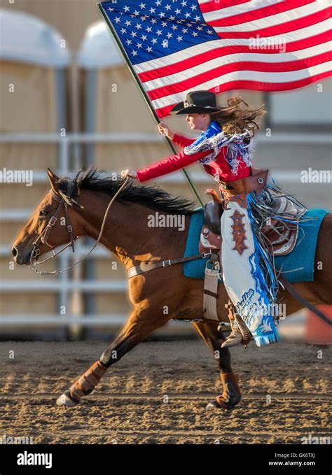 Rodeo Queen On Horseback With American Flag Chaffee County Fair