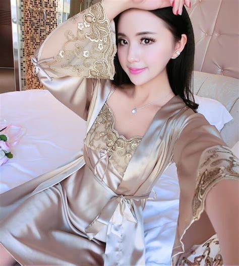 V Neck China Satin Silky Strap Dress And Bathrobe Outfitsilk Robe Gown