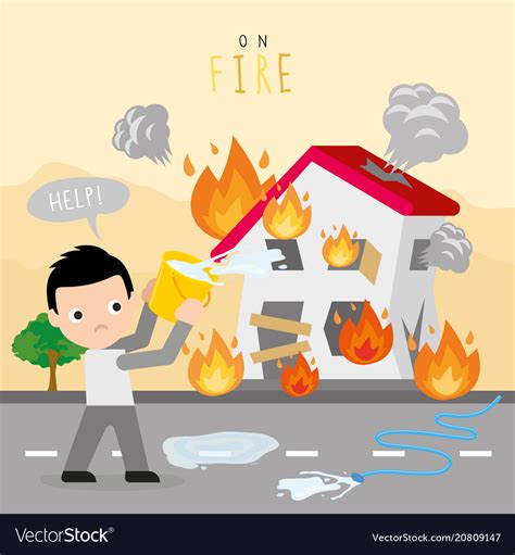 Fire Burn House Boy Danger Help Cartoon Royalty Free Vector