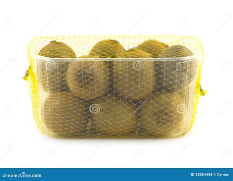 Ripe Kiwi Fruits In Plastic Container Isolated Closeup Stock Photo
