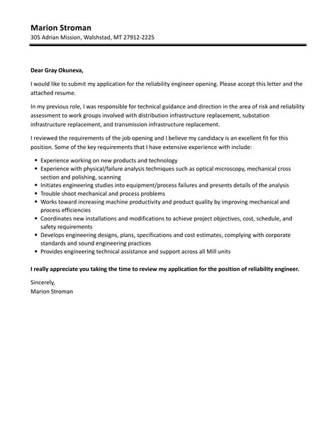 Reliability Engineer Cover Letter Velvet Jobs