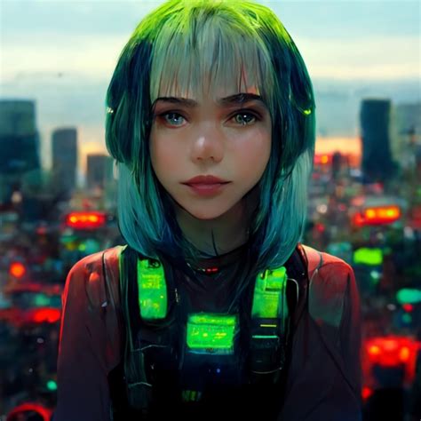 cyberpunk android anime girl green hair blue midjourney openart