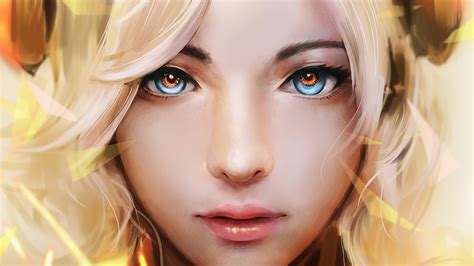Wallpaper Video Games Mercy Overwatch Face Blonde Blue Eyes