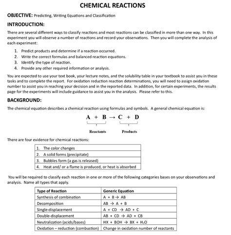 Decomposition reactions a single reactant is decomposed or broken down into two or more metathesis or double displacement reactions this reaction type can be viewed as an. Solved: CHEMICAL REACTIONS OBJECTIVE: Predicting, Writing ...