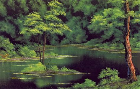 Wallpaper forest, water, trees, landscape, shore, picture, painting, the bushes, Bob Ross ...