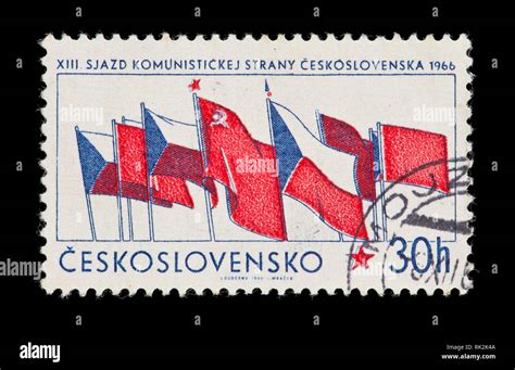 Postage Stamp From Czechoslovakia Depicting The Flags Of Czechoslovakia And The Ussr For 13th