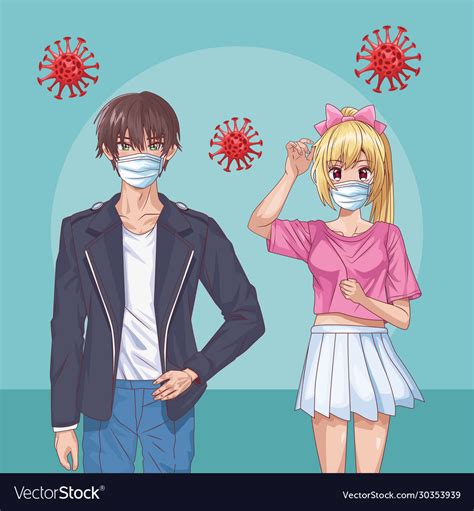 Couple With Face Masks And Covid19 Particles Anime