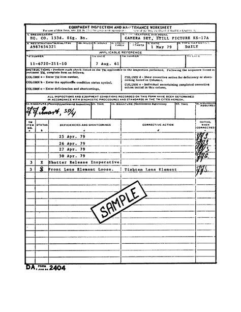 Equipment Inspection And Maintenance Worksheet