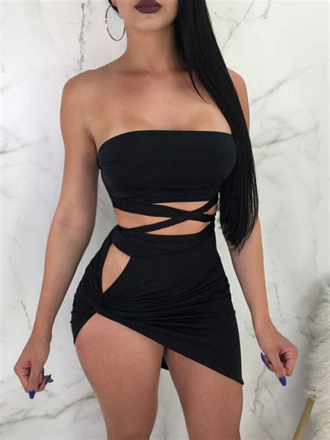 Club Dress Black Strapless Lace Up Sleeveless Polyester Backless Sexy