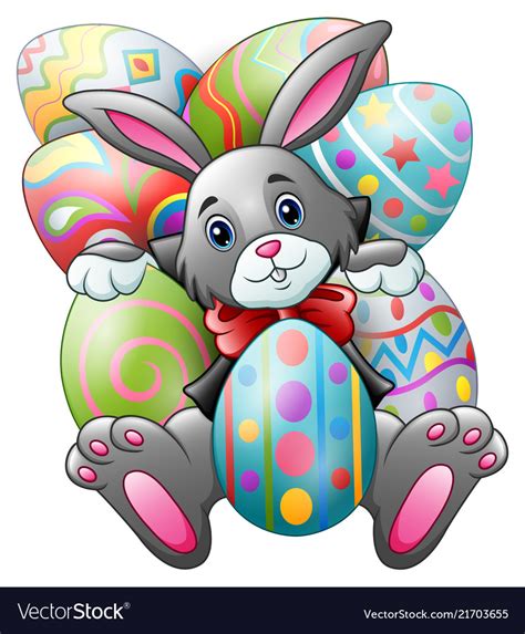 Cartoon Bunny With Big Easter Eggs On A White Back