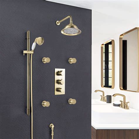 Brushed Gold Lima Thermostatic Shower System With Concealed Mixer At Bathselect