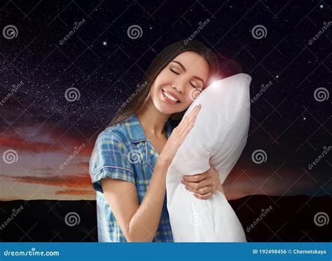 Beautiful Woman Holding Pillow Night Sky On Background Bedtime Stock