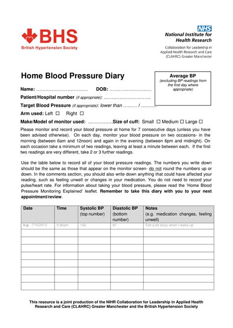 United Kingdom Home Blood Pressure Diary British Hypertension Society